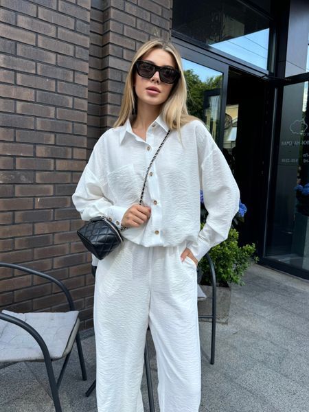 Костюм Breez жіночий з жатого льону палаццо з сорочкою оверсайз молочний LN-ST-MLK-XS фото